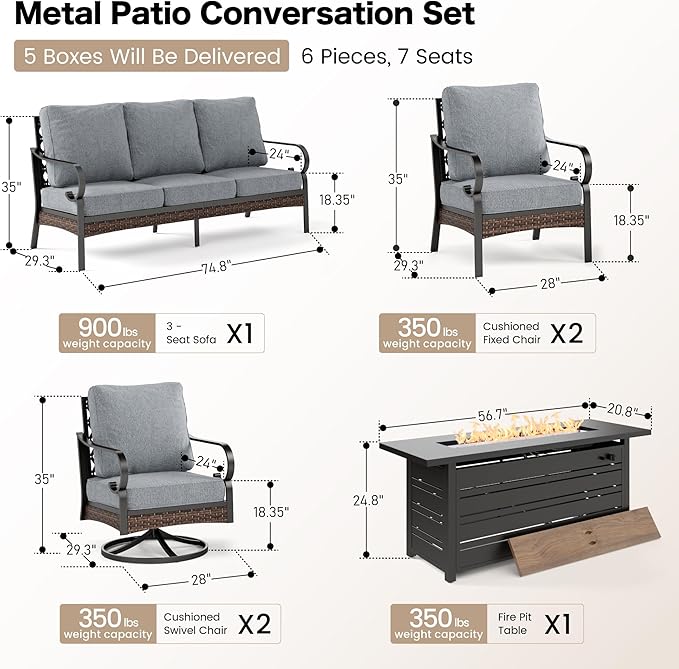 SUNSHINE VALLEY 6 Piece Black Metal Outdoor Patio Furniture Sets with Firepit Table, Patio Conversation Sets 1 3-Seater Sofa, 2 Leg Sofa and 2 Swivel Chair with 5.75" Cushion for Backyard Deck, Gray