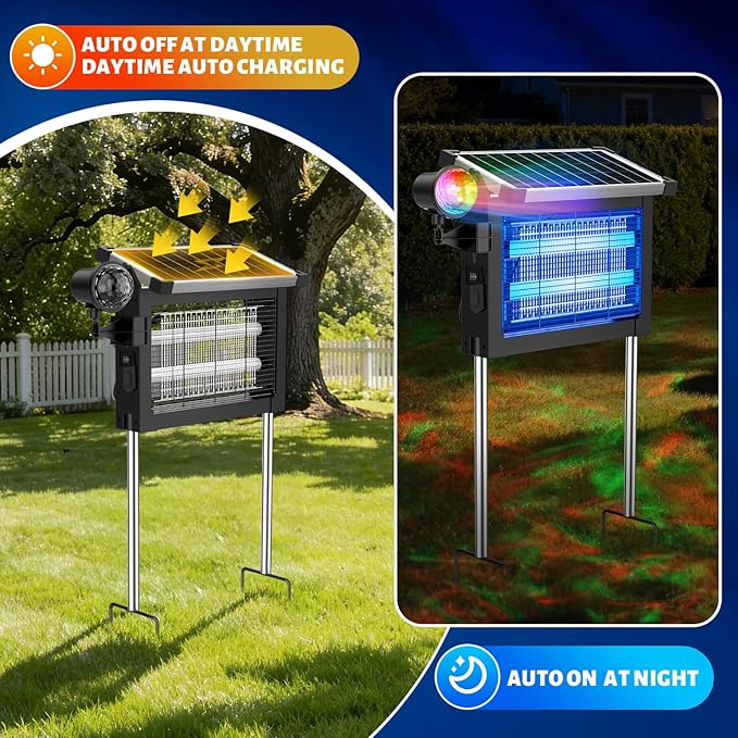Solar Bug Zapper Outdoor with Projector Light, Waterproof Portable Fly Zapper 4500V, Rechargeable Electric Mosquito Killer, Cordless Fly Insect Mosquitos Trap for Patio Yard