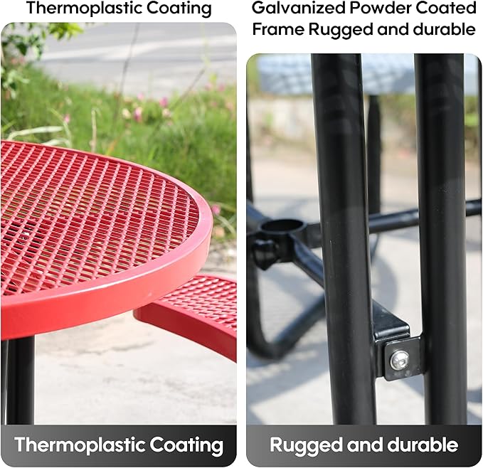 8-Person Outdoor Picnic Tables,46" Heavy-Duty Metal Round Picnic Table,Expanded Metal Commercial-Grade Table with 4 Benches & Umbrella Hole,Waterproof Coating Beach Table for Patio,Garden, Backyard