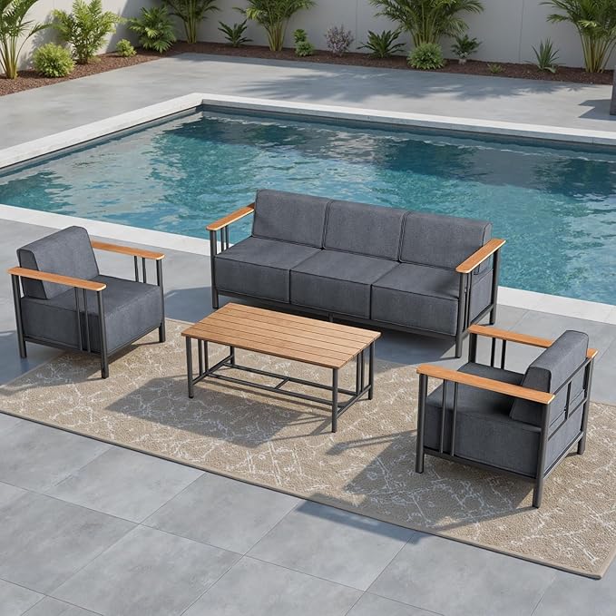 Luxury Patio Furniture Set with 10" Extra Thick Cushions, 4 PCS Outdoor Furniture Set with Patio Chairs & Couch & Coffee Table, Suitable for Porch, Balcony, Deck, Yard, Poolside, Black/Grey