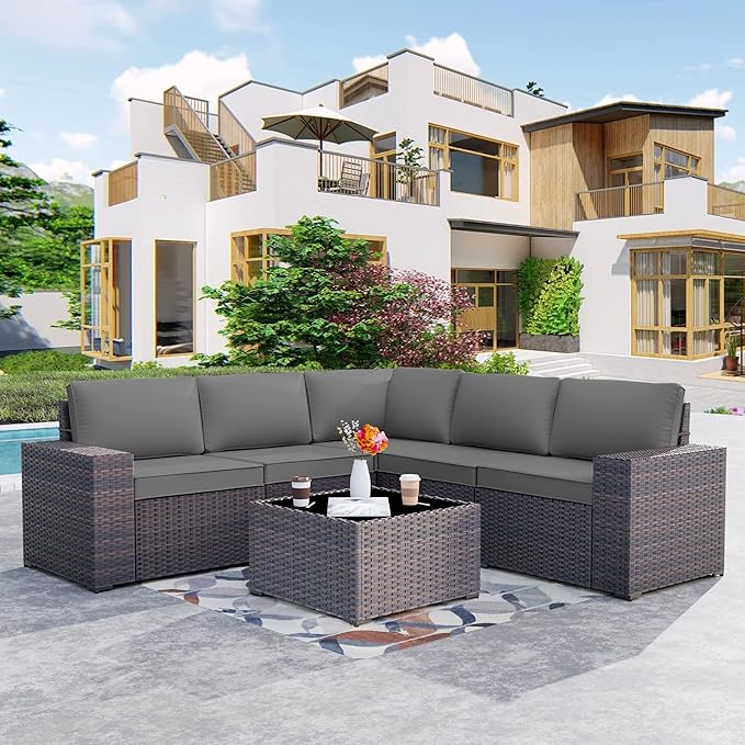 Kurapika 6 Pieces Patio Furniture Set, Rattan Outdoor Conversation Sets w/4 Inch Cushion and Glass Coffee Table(Grey)