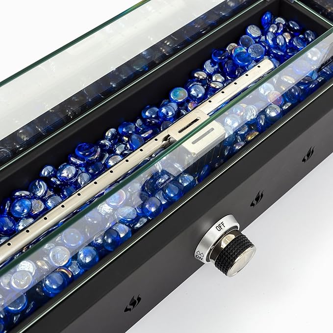 28-inch Table Top Propane Fire Pit, 40,000 BTU Tabletop Firepit Glass Wind Guard & Blue Glass Beads, Portable Outdoor Portable Fireplace for Patio and Camping – Black.
