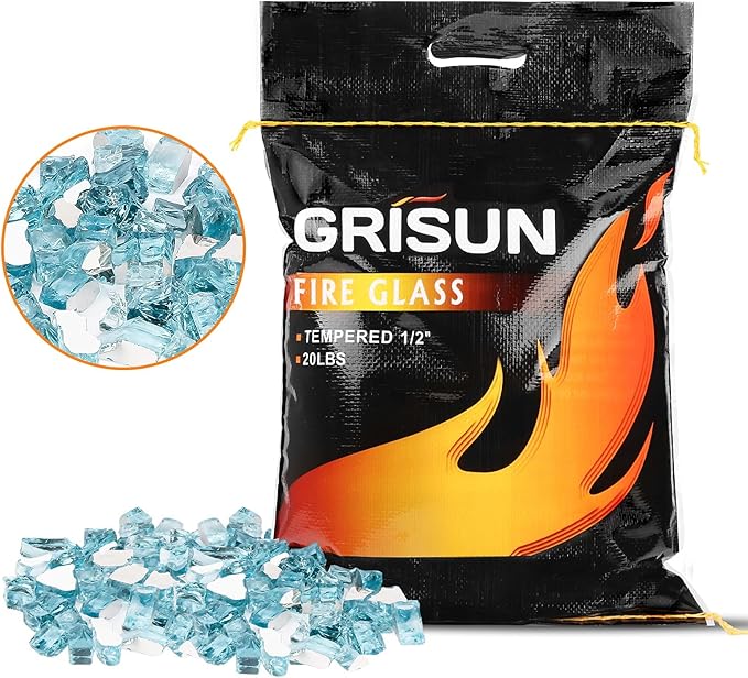 GRISUN Aqua Blue Fire Glass for Fire Pit, 20 Pounds 1/2 Inch High Luster Reflective Tempered Glass Rocks for Natural or Propane Fireplace, Safe for Outdoors and Indoors Firepit Glass