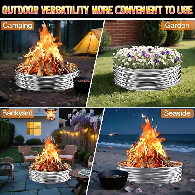 60 Inch Fire Pit Ring 5FT Galvanized Steel, 12" Raised Heavy Duty Wood Burning Fire Pits&Outdoor Fireplace, Heat Resistant Campfire Ring with Spark Guard, for Outdoor Backyard, Patio & Camping Use