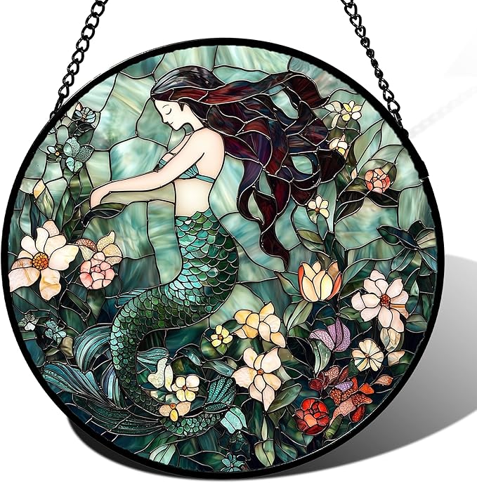 JOSUMALY Stained Glass Window Hanging - Teal Sleeping Mermaid Suncatcher for Door Terrace Garden Home Decor, Sea of Flowers Sun Catcher Birthday Gifts for Lovers Women Men Dad Mom Nana 6.3 in