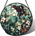 JOSUMALY Stained Glass Window Hanging - Teal Sleeping Mermaid Suncatcher for Door Terrace Garden Home Decor, Sea of Flowers Sun Catcher Birthday Gifts for Lovers Women Men Dad Mom Nana 9.8 in