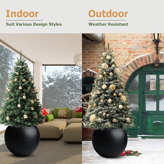 16" H x 20" D Globo Fiberstone Round Planter - Christmas Tree Planter, Smooth Finishes, Weather Resistant for Indoor & Outdoor Use, Included 2 Extra Coco Mats (Black, 13.5" Pot Opening)