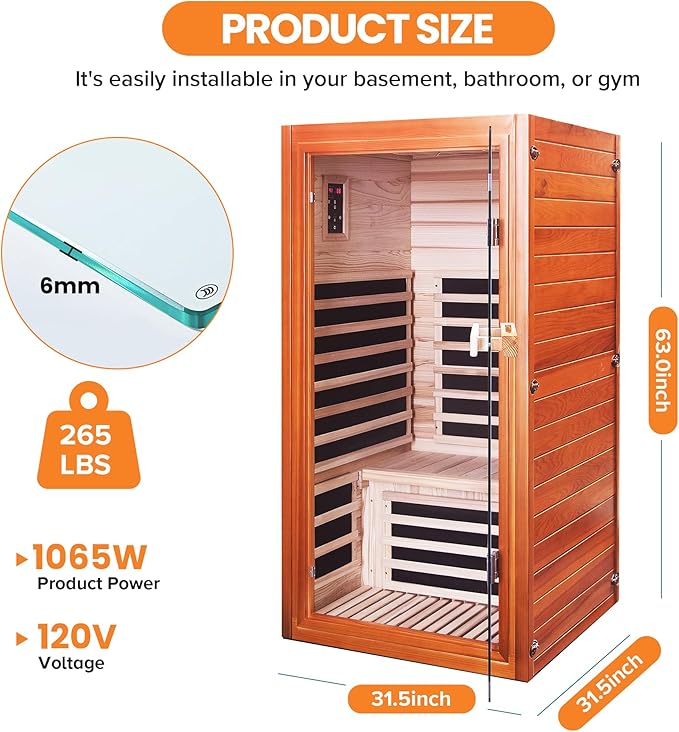 Far Infrared Sauna Dry Saunas 1065W Indoor Home Sauna Low EMF 110V with Control Panel 7 Color Light 31.5"x31.5"x63"