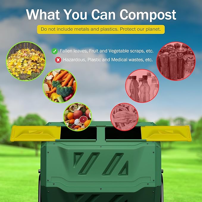Saicool 43 Gallon Large Dual Chamber Composting Tumbler Outdoor Garden Rotating Compost Bin Tumbling Composter with Sliding Door, Green