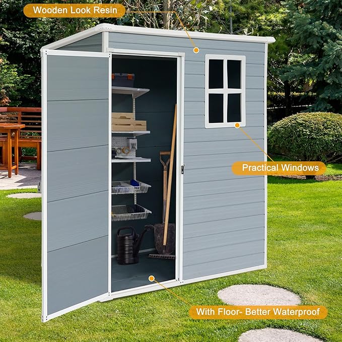 5ft x 3ft Resin Outdoor Storage Shed Plastic Garden Sheds with Floor and Lockable Door for Backyard, Lawn, Grey