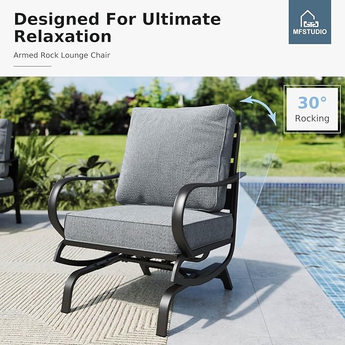 MFSTUDIO 8 Pieces Patio Furniture Sets with 45" Gas Fire Pit Table(Up to 9 Seat), Outdoor Metal Conversation Sofas with 1 x 3-Seat Sofa, 2 Single Chairs, 2 Rocking Chairs and 2 Ottoman, Grey Cushion