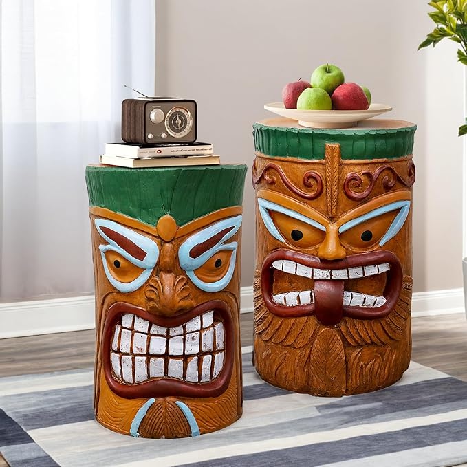 SKYFIRE 2 Pack Large Tiki Statue - 20”H Tiki Bar Side Tables Outdoor Decor for Garden, Patio, Backyard, Lawn and Office -Concrete The Grand Tiki Face Kanaloa Teeth Stool End Table for House Decor