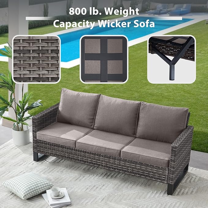 6 Piece Wicker Patio Furniture Set - Outdoor Swivel Rocker Chairs Set with Side Table, 3 Seat Sofa and Ottomans, Small Patio Conversation Sets Proch Furniture for Balcony Deck - Grey/Grey