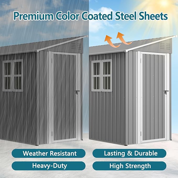 4X10 FT Outdoor Storage Shed W/ 2 Windows & Floor Frame,Lean to Shed W/Reversible Installation,Metal Garden Tool House W/Air Vents,Lockable Door & Sloped Roof,for Backyard Patio Lawn,Gray