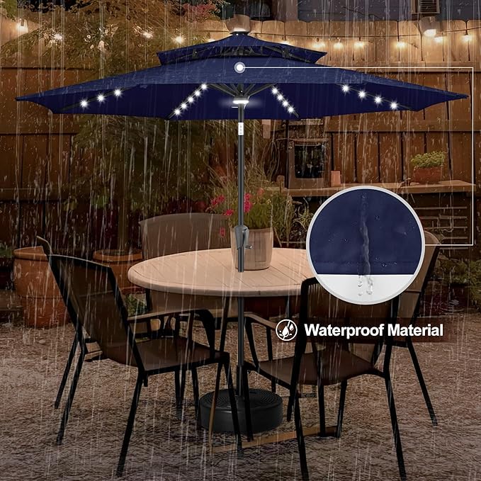 FLAME&SHADE 9 ft Double Top Solar Powered Outdoor Market Patio Table Umbrella with LED Lights and Tilt, Navy Blue