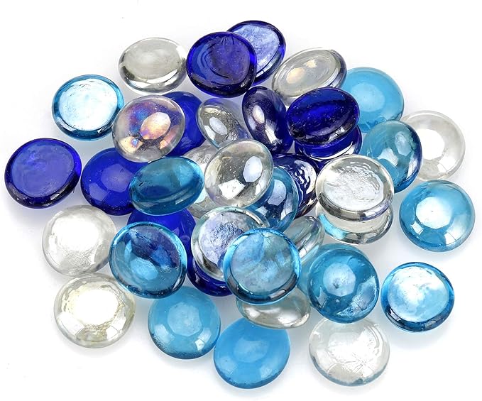 Mr. Fireglass 10 Pound Blended Fire Glass Beads, 1/2" High Luster Mixed Colored Fire Glass Drops for Fireplace Fire Pit & Lanscaping, Cobalt Blue, Crystal Ice, Caribbean Blue