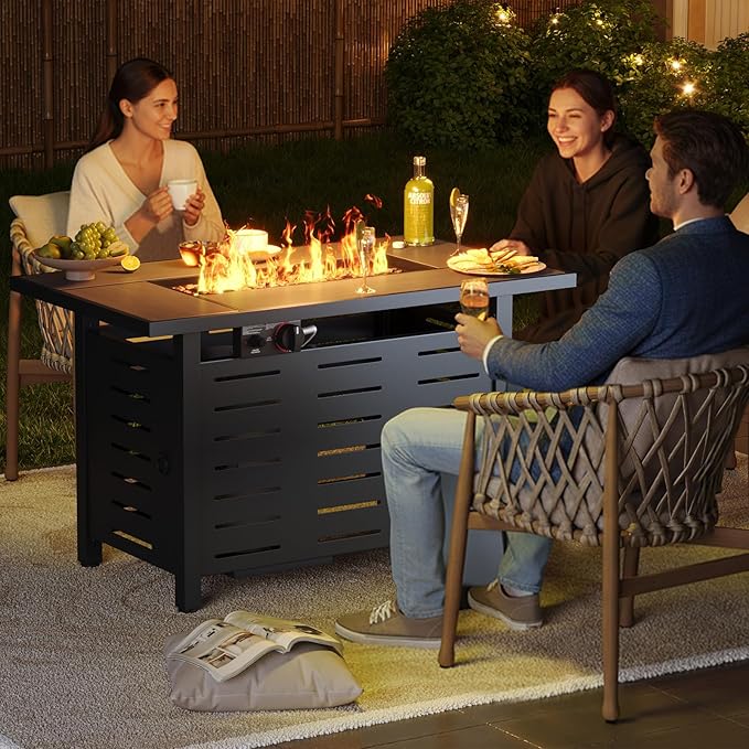 Aoxun 42" Propane Fire Pit Table Ceramic Top, 60000 BTU Outdoor Patio Heater with Lava Rocks, Rectangle Gas Fire Pits for Outside Patio with Removable Lid, Black
