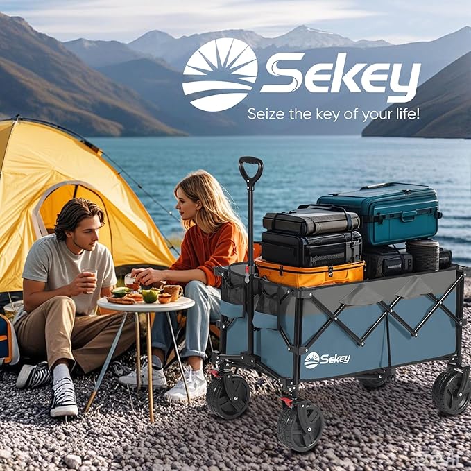 Sekey 220L Wagons Carts Foldable with Big All-Terrian Beach Wheels, Collapsible Heavy DutyWagon with Cup Holders, Extra Large Folding Wagon,Foldable Wagon for Camping, Garden, Sports.Blue&Gray