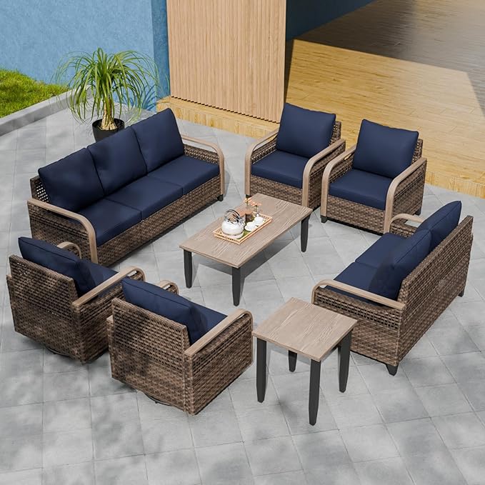 EAGLE PEAK Modern Wicker Outdoor Patio Furniture Set, Patio Conversation Set, 2 Chairs, 2 Swivel Rocker Chairs, 3-Seat Sofa, Loveseat, Coffee Table and Side Table, 8 Pieces, Brown/Blue