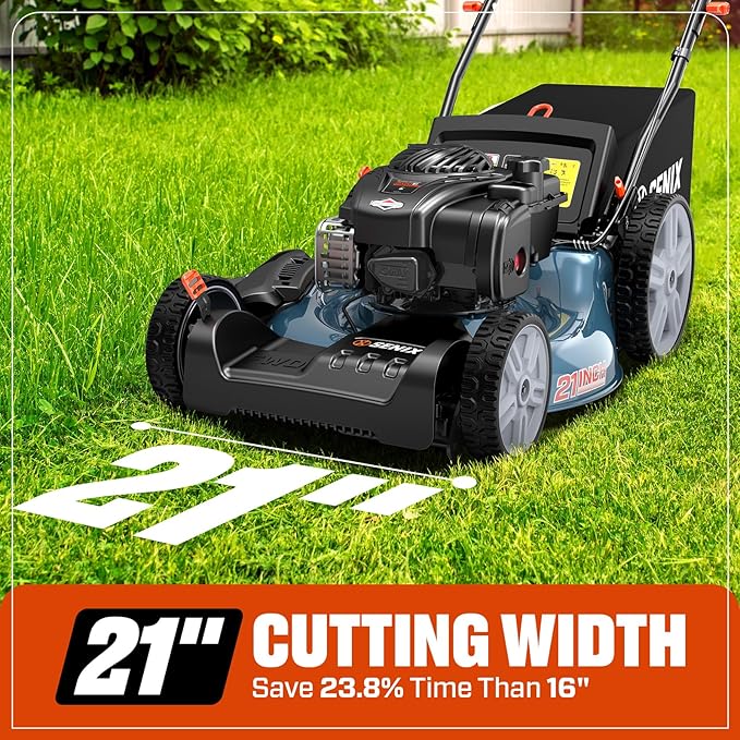 SENIX LSSG-M9 21-inch Gas Self-Propelled Lawn Mower - 140 cc 4-Cycle Briggs & Stratton Engine, Bagging, Mulching, and Side Discharge, 6-Position Lever Height Adjustment