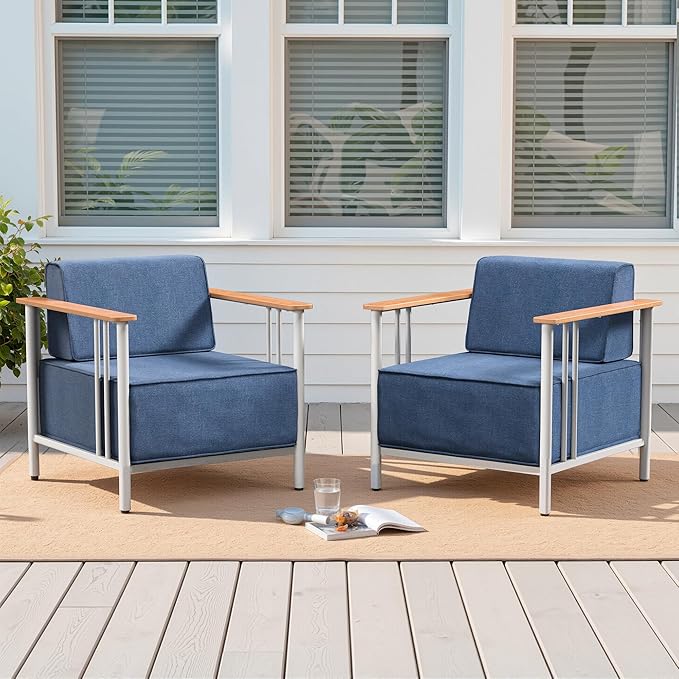 Luxury Patio Chairs Set of 2 with 10" Extra Thick Cushions, Outdoor Furniture with Rustproof Metal Frame and Olefin Fabric, Outdoor Patio Chairs for Porch, Balcony, Deck, Yard, White/Blue