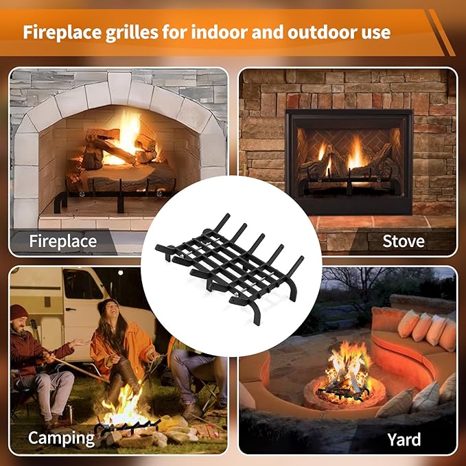 Fireplace Grates, 16 Inch Fireplace Grate Heavy Duty High Carbon Steel Fireplace Log Grate for Indoor Outdoor Firewood Stove Log Holder Rack Wood Burning Fireplace Accessories