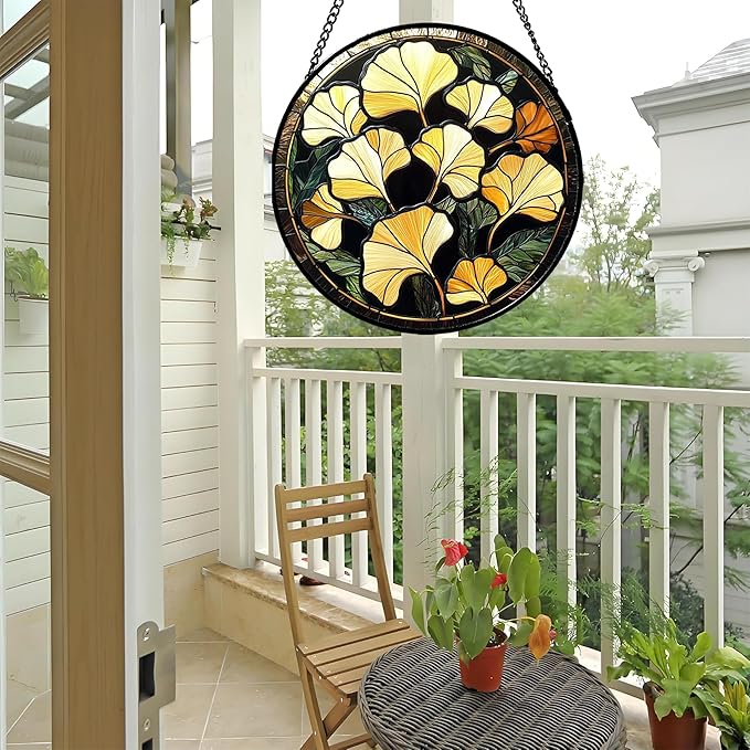 CRISGIF Stained Glass Window Hanging - Ginkgo Leaf Suncatcher for Doors Garden Patio Retro Fall Decor Sun Catchers Christmas Mother's Day Birthday Gifts for Women Men Mom Nana Friend 9.8 in
