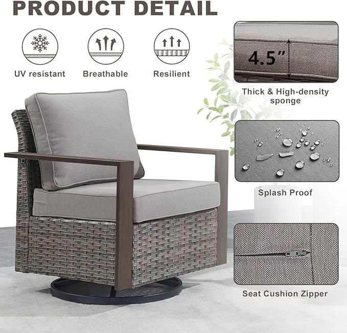 Rilyson Outdoor Wicker Patio Furniture Set - 5 Piece Patio Conversation Set with 2 Wicker Swivel Rocker Chairs,2 Ottoman, 1 Side Table, Thick Cushions, Deep Seating, Wide Armrest(Mixed Grey/Grey)