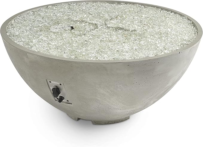 Outdoor GreatRoom Co Propane Fire Pit Table - Cove Gas Fire Pits for Outside Patio - 42 Inch Round Edge Bowl Concrete Firepit Fire Table, Glass Tabletop Cover, Tempered Clear Glass Gems, 105,000 BTU