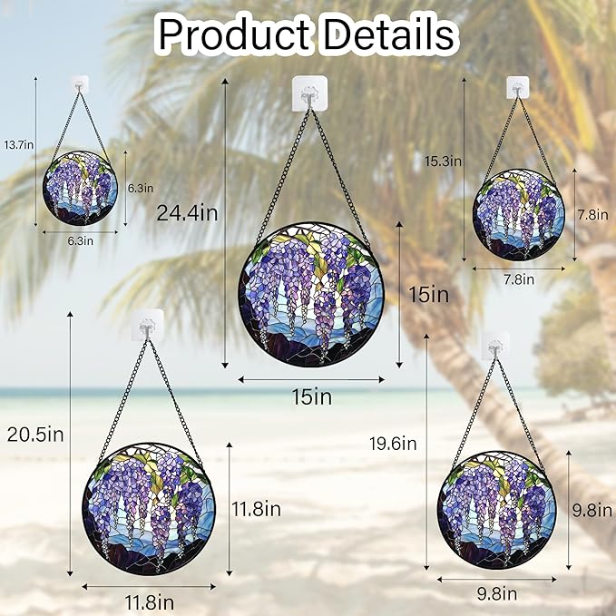 DASTOLL Stained Glass Window Hanging, Purple Wisteria Flowers Suncatcher for Doors Window Home Plant Sun Catchers Decoration Mother's Day Birthday Gifts for Women, Men, and Mom 9.8x9.8 in