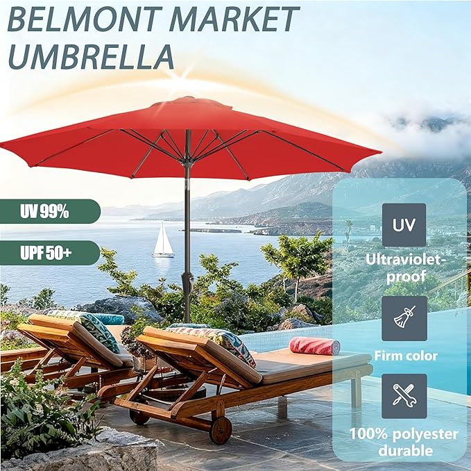 9FT Large Outdoor Patio Umbrella Market Table Umbrella-UV Resistant, Easy Push Button Tilt and Crank, 8 Sturdy Ribs Heavy-Duty Pool Umbrella for Deck, Backyard,Garden,Red