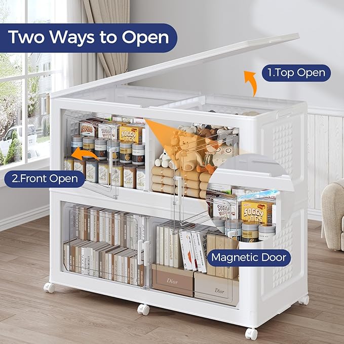 160GAL Storage Bins with Lid and Wheels, Stackable Closet Organizers and Storage Drawer, Collapsible Storages Box with Dividers, Foldable Plastic Cabinets for Room, Kitchen, 4 Pack White
