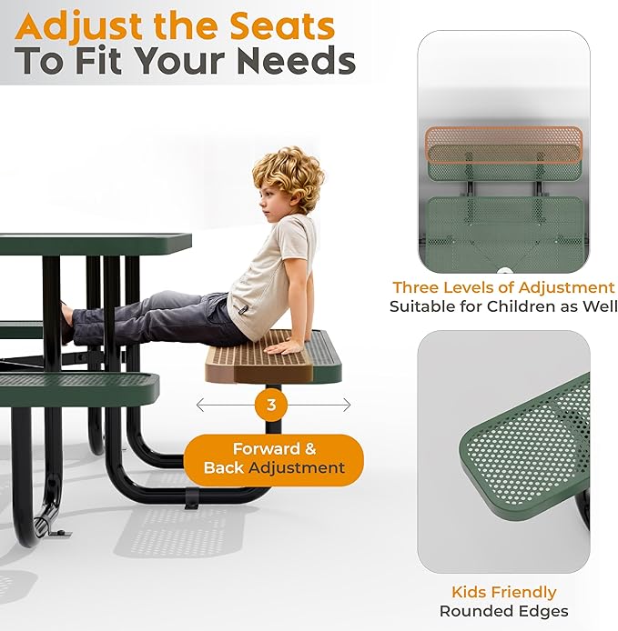 Metal Picnic Tables for Outdoors with Umbrella Hole - Coated Steel Heavy Duty Commercial Grade Furniture with Adjustable Seats (Green, 46 in, Square, Punched Steel)