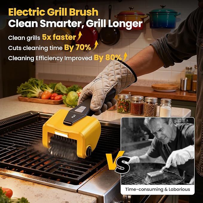 AUXCO Grill Brush - 4000mAh Electric Grill Brush for Outdoor Grill with Dual-Speed Motor, No Bristle Shedding BBQ Brush Cleaner, Dishwasher-Safe, 90 Mins Working Time with LED Light, As a Ideal Gift