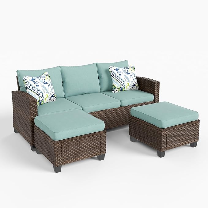 Small Patio Furniture Set, 3 Pieces Wicker Outdoor Sectional Set, L-Shaped Patio Couch Set, Modular Rattan Conversation Set with Lounge Sofa and Ottomans for Deck Lawn Garden, Blue