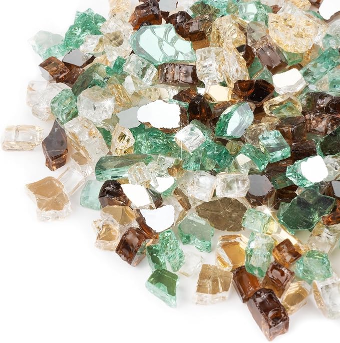 GASPRO 20 lbs Fire Glass for Propane Fire Pit, 1/2-Inch Reflective Fireplace Glass Rocks for Fire Pit Table, Gold Copper Green
