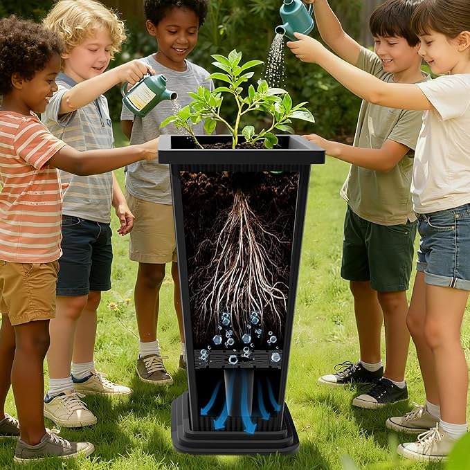 24" Set of 2 Tall Planters, Large Outdoor Flower Pots with Drainage Tray Modern Indoor Tapered Planter for Patio, Garden, Front Porch, Backyard (Black)
