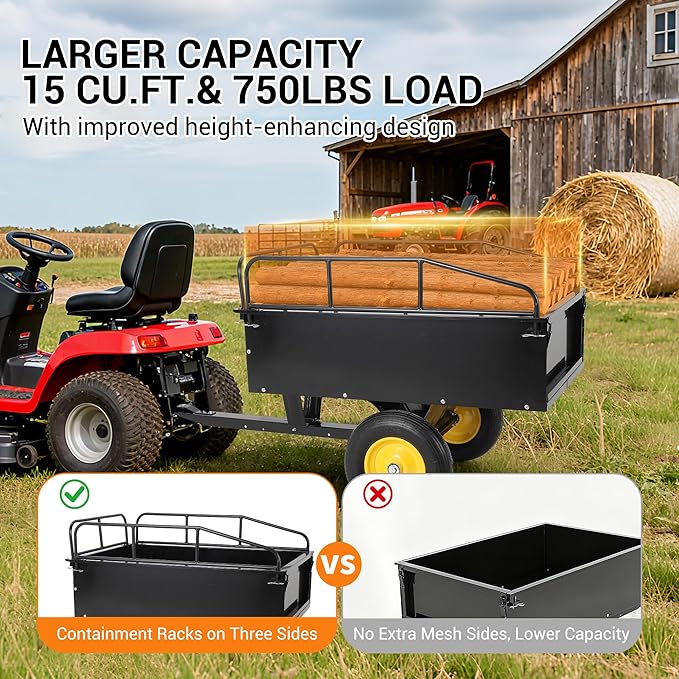 GAOMON Heavy Duty ATV Trailer Tow Behind Dump Cart, 17 Cu.Ft. 750Lbs Capacity, Pull Behind Steel Yard Wagon Dump Trailer for Tractor Lawn Mower Garden