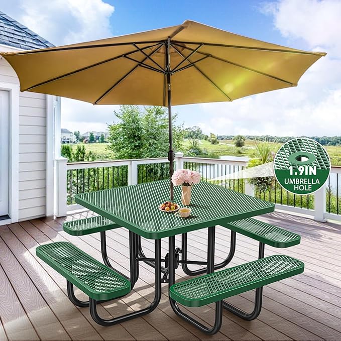 46" Square Top Outdoor Picnic Table Set for Up to 8 Persons, Outside Table Set with 4 Built-in Benches, Metal Commercial-Grade Dining Furniture with Umbrella Hole for Garden, Backyard, Porch, Green