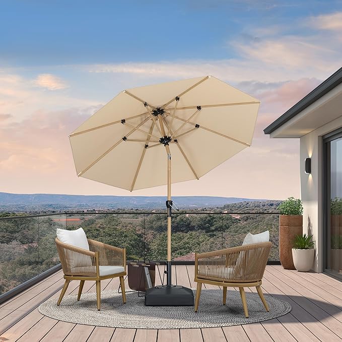 PURPLE LEAF 8 Feet Market Umbrella with Base Patio Umbrella Round Outdoor Table Umbrella with Push Button Tilt & Crank and 8 Ribs Aluminum Outdoor Umbrella for Garden Deck Balcony, Beige