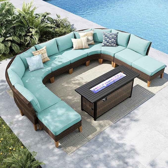 MFSTUDIO 11 Pieces Wicker Patio Furniture Set with 56" Fire Pit Table, Rattan Outdoor Half-Moon Sectional Sofa Patio Conversation Sets, 4 x Curved Sofa, 4 x Armless Couch, 2 x Ottoman(Aqua Blue)