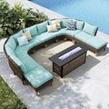 MFSTUDIO 11 Pieces Wicker Patio Furniture Set with 56" Fire Pit Table, Rattan Outdoor Half-Moon Sectional Sofa Patio Conversation Sets, 4 x Curved Sofa, 4 x Armless Couch, 2 x Ottoman(Aqua Blue)