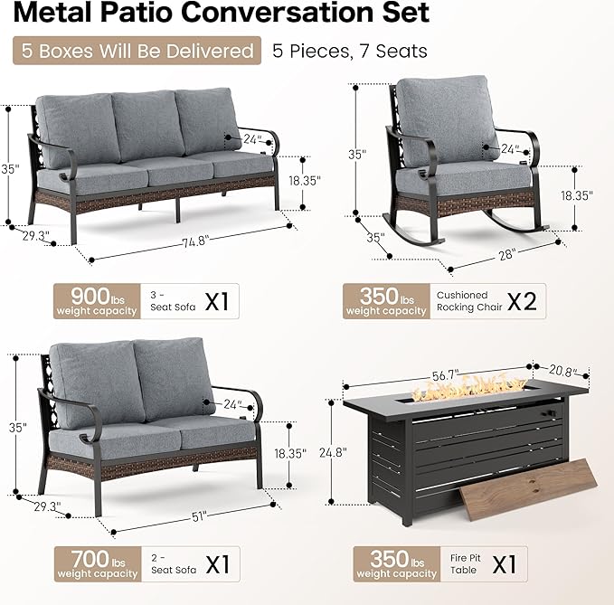 SUNSHINE VALLEY 5 Piece Metal Outdoor Patio Furniture Sets with Firepit Table, Patio Conversation Sets 1 3-Seater Sofa, 2-Seater Loveseat, 2 Rocking Chair with 5.75" Cushion for Backyard Deck, Gray