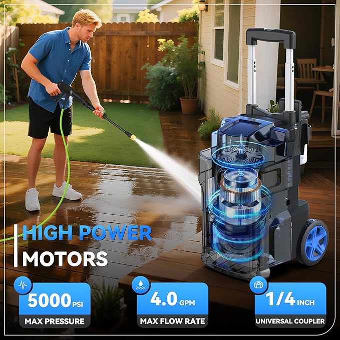 Professional Pressure Cleaner 5000 PSI,Heavy Duty Power Cleaner with 4 Nozzles,Foam Cannon,33FT Hose and 500ml Soap Bottle for Home/Cars (Blue)
