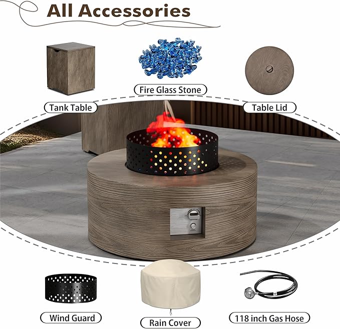 30" Round Propane Fire Pit Table - 50K BTU with Lid, Rocks Tank Storage and Cover - Round Gas Fire Pits for Outside Patio - Outdoor Table with Firepit (Teak Finish, 30" Round)
