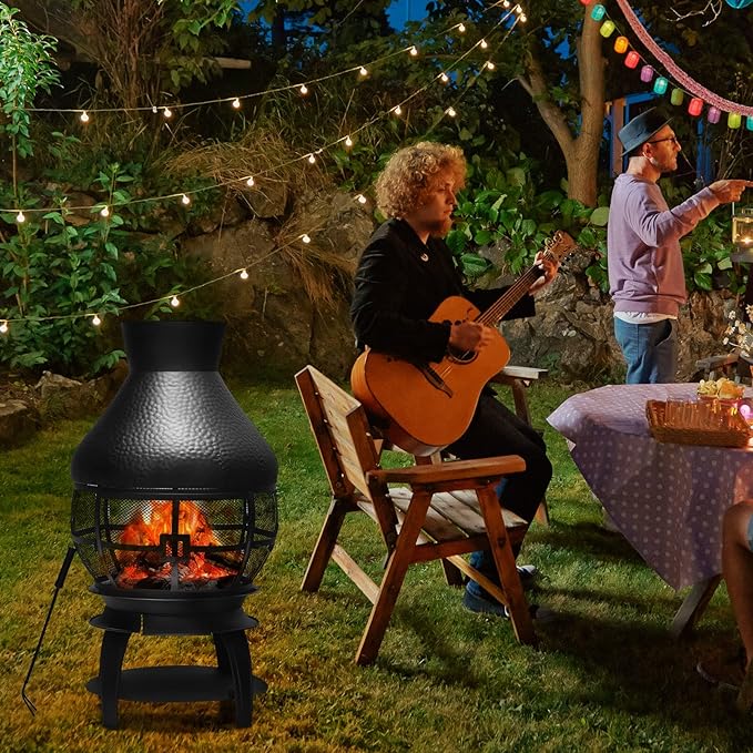 Giantex Wood Burning Chiminea, Heavy Duty Fireplace Chiminea Wooden Fire Pit with 2-Piece Log Grate, Premium Rain Cap & Fire Poker, 360°Fire Retardant Mesh Cover, Ideal for Garden, Patio, Backyard