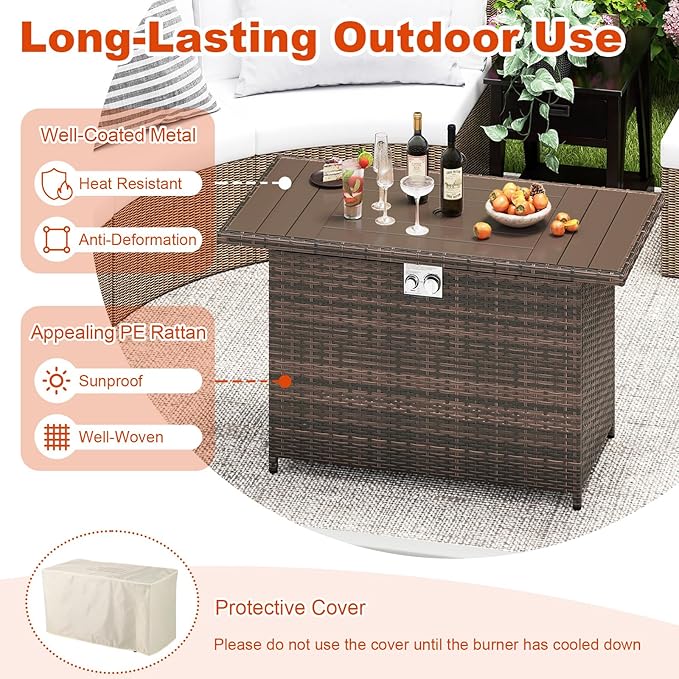 Tangkula 44.5 Inch Propane Fire Pit Table, Outdoor Rattan Gas Firepit with Metal Slatted Tabletop & Stainless Steel Burner, Rectangle Fire Pit with Lava Rocks & Protective Cover for Outside Patio