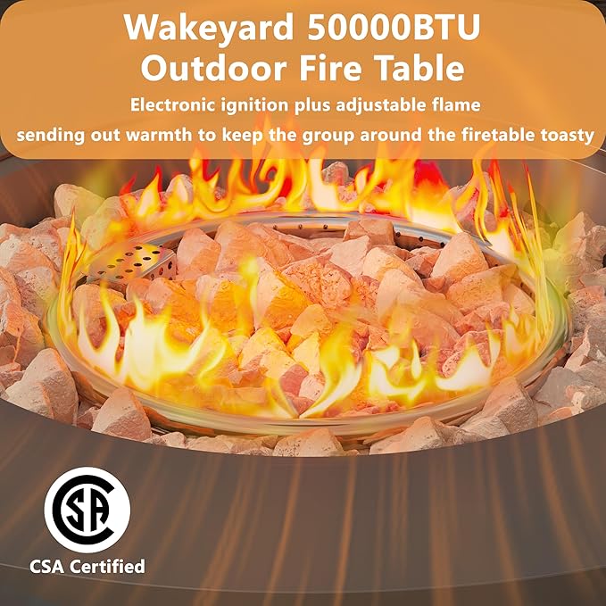 32 inch Outdoor Propane Fire Table, Round Patio Fire Pit Table, 50,000 BTU Gas FirePit with Lid, Cover, Lava Rocks, CSA Certified, Black