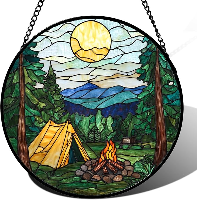 QZQCBLC Stained Glass Window Hanging Yellow Tent Forest Scenery 6.3" - Sunset Suncatcher Door Garden Sun Catcher Home Decor Birthday Christmas for Mom Men Woman Nana Friend