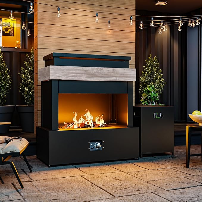 35'' Outdoor Propane Fireplace with Tank Storage, 50,000 BTU Outdoor Gas Fire Pit with CSA Certified, Dust Cover, Smokeless Ceramic Wood, Adjustable Flame for Patio, Garden, Deck, Gray/Tan